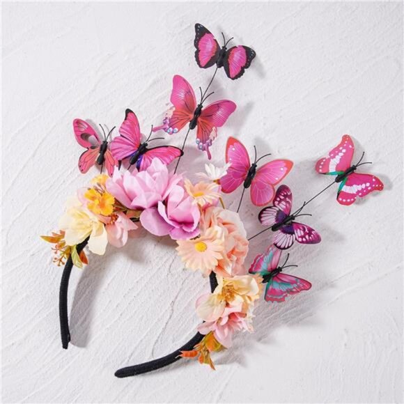 Pink Butterfly Fascinator Headband | Monarch Flower Crown for Women, Tea Party - Picture 4 of 6